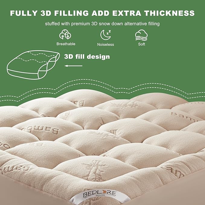 BEDLORE Twin XL Mattress Topper Viscose Derived from Bamboo, Thick Pillow Top Mattress Pad with Deep Pockets for 6-15 inches Mattress, Soft Mattress Topper College Dorm Size for Back Pain(Beige)