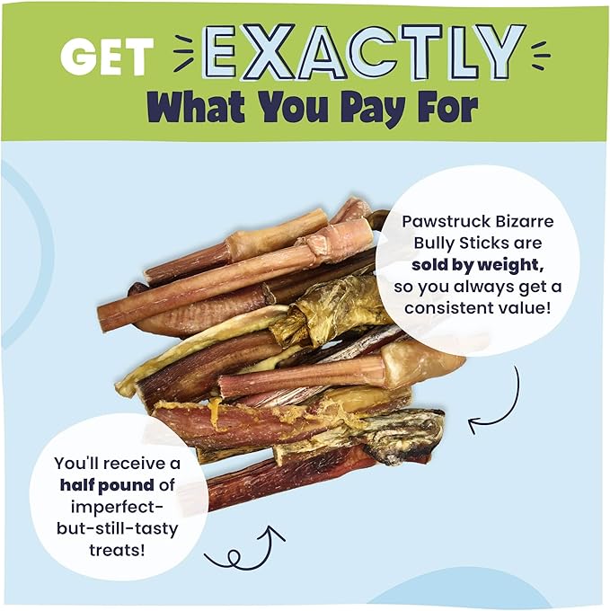 Pawstruck Natural Bizarre Bully Sticks Bargain Bag for Dogs & Puppies - Variety Pack of 5-7" Long Lasting Eco-Conscious Beef Chew Treats - 8 oz. Bag - Packaging May Vary