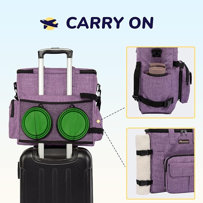 Modoker Dog Travel Organizer Carriers for Supplies & Accessories, Airline Approved Dog Cat Pet Travel Bag, 2 Collapsible Dog Bowls, 2 Travel Dog Food Container, Purple