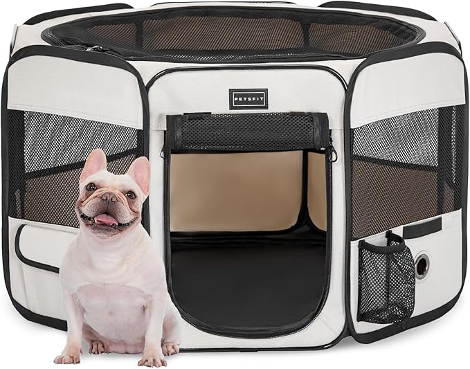 PETSFIT Portable Dog Playpen, 29" Dia Puppy Playpen with Zipper Removable Mesh Top Cover and Leakproof Playpen Bottom Mat-Cat Playpen Indoor/Outdoor for Cats,Dogs&Small Animals