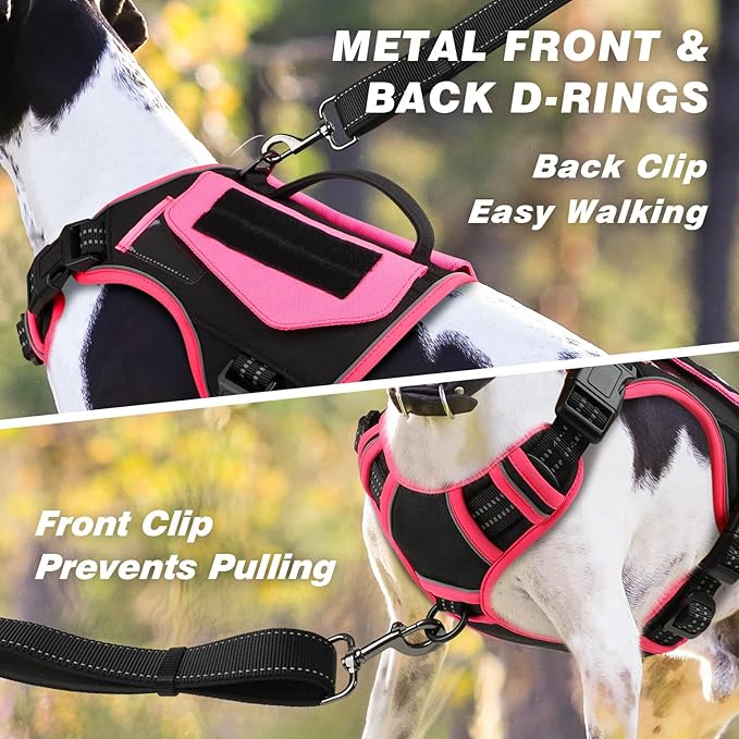 WINGOIN Tactical Dog Harness for Extra Large Dogs, No Pull Harness with Handle Pockets Poop Bag, Reflective Dog Vest, Military Heavy Duty Big Dog Harness for Walking Hiking Training, Black Pink, XL