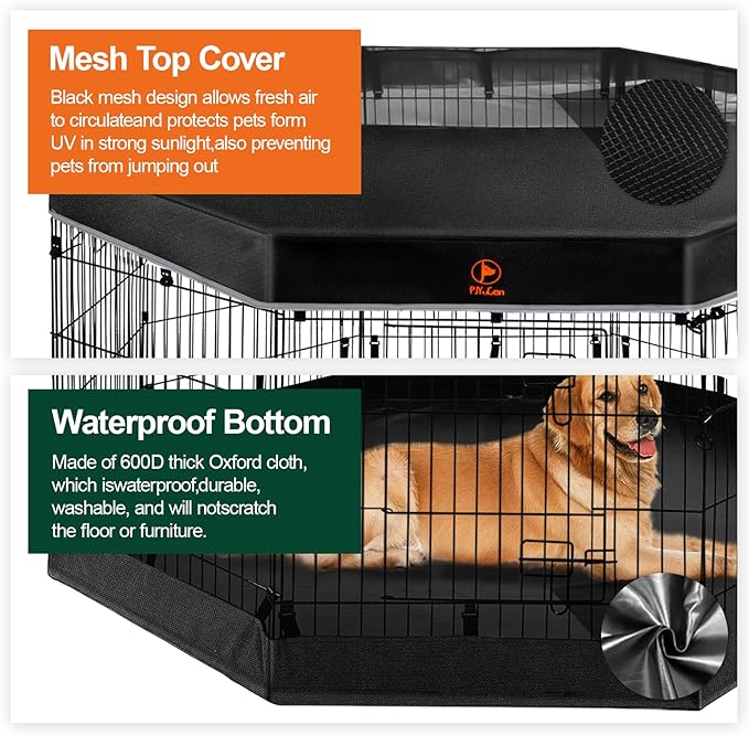 PJYuCien Dog Playpen - Metal Foldable Dog Exercise Pen, Pet Fence Puppy Crate Kennel Indoor Outdoor with 8 Panels 24”H & Top Cover and Bottom Pad for Small Medium Pets