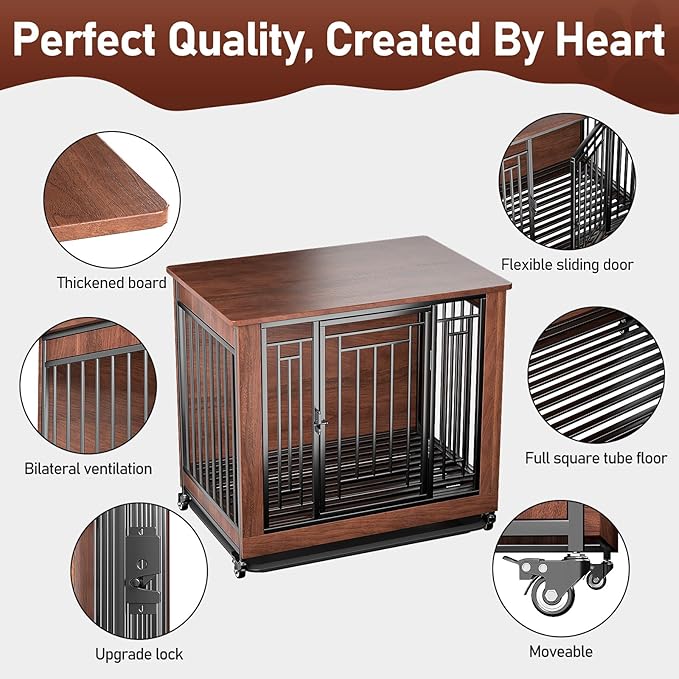 Dog Crate Furniture, 32" Dog Kennel Furniture, Small Dog Kennel Indoor, Dog Crates for Small Dogs, Wooden Dog Crate with Wheels, Tray, Feeding Window