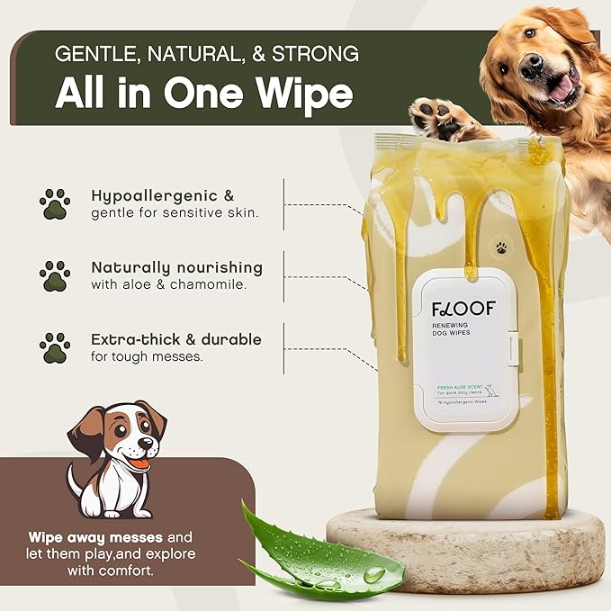 Floof Hypoallergenic Dog Wipes – Natural Aloe Grooming Wipes for Paws Face Ears Eyes & Bum – Vet-Formulated Extra Thick Safe for Puppies & Adult Dogs – 216 Count