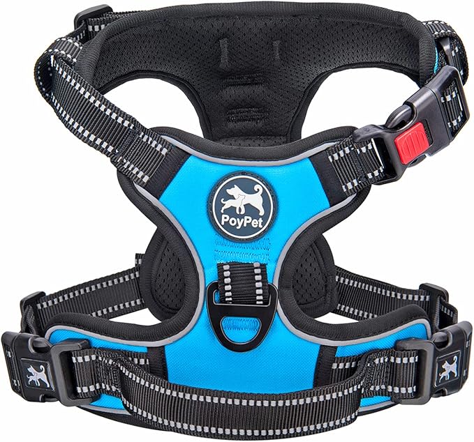 PoyPet No Pull Dog Harness, No Choke Front Clip Dog Reflective Harness, Adjustable Soft Padded Pet Vest with Easy Control Handle for Small to Large Dogs(Blue,M)