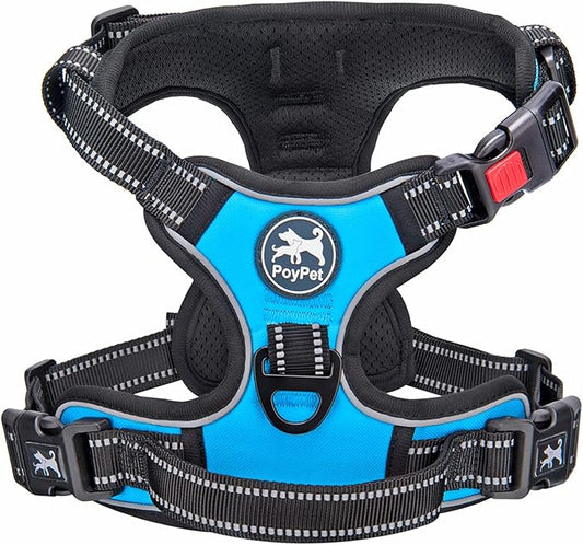 PoyPet No Pull Dog Harness, No Choke Front Clip Dog Reflective Harness, Adjustable Soft Padded Pet Vest with Easy Control Handle for Small to Large Dogs(Blue,M)