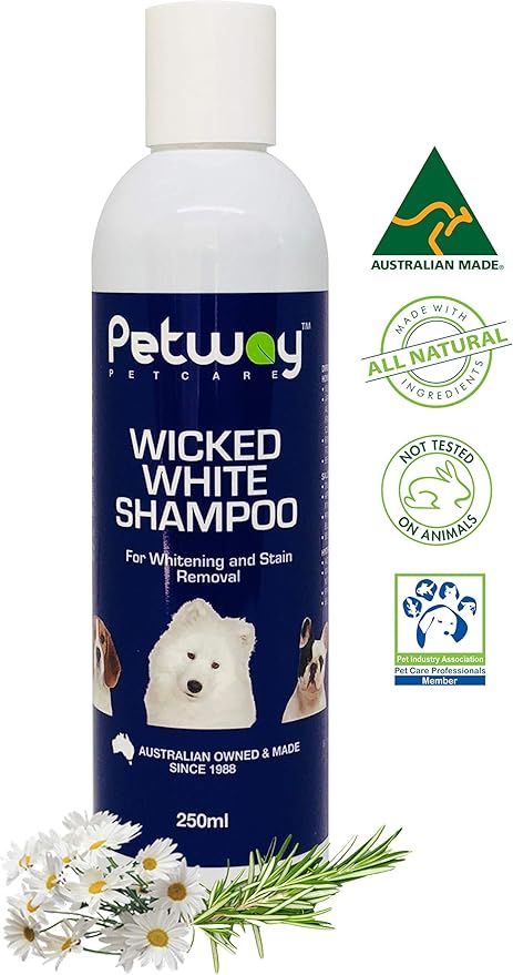 Petcare Wicked White Whitening & Stain Removal Shampoo for Dogs with White Coat, Deep Cleanse to The Coat & Skin, Free of Phosphates & Parabens, pH Balanced, Removes Dirt & Odor, 250ml