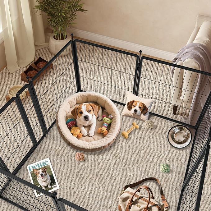 Dog Playpen for Indoor & Outdoor Use – Heavy-Duty Metal Pet Fence with Ground Stakes, Rounded Ball Tops for Safety, Stable & Foldable Design, Easy to Assemble 24 inch 4 Panels