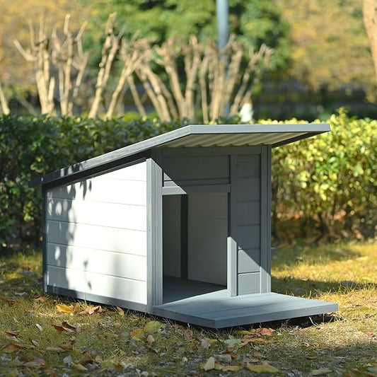 Dog House with Terrace,Weatherproof PVC Roof Small Dogs Kennel W/ 2 Feeding Stainless Bowls and 4 Wheels,Indoor & Outdoor Pine Dog Cage,Easy to Assemble,for Small Dogs,Pets,Gray