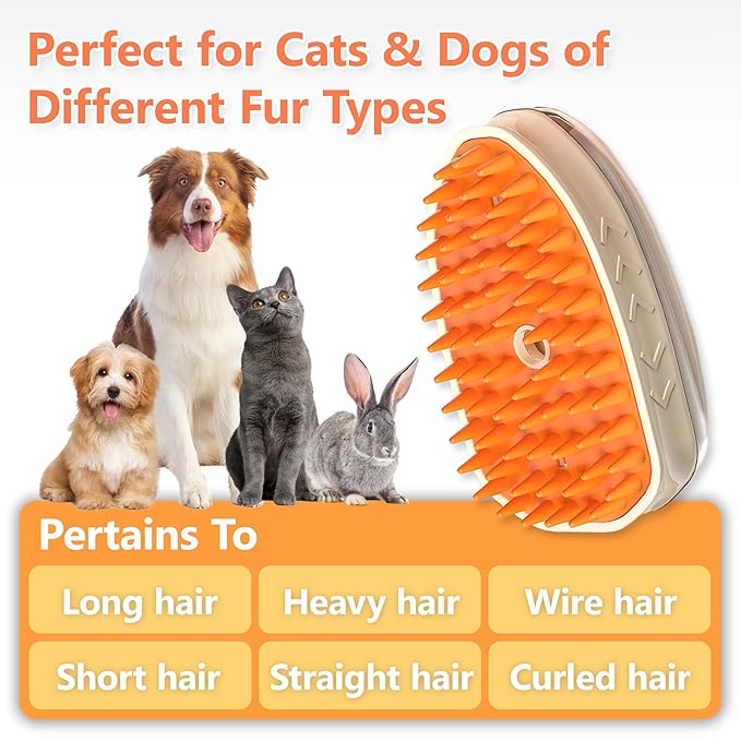 4 in 1 Steam Brush for Cats & Dogs - Rechargeable Massaging & Cleaning Brush for Long & Short Haired Pets (Orange)