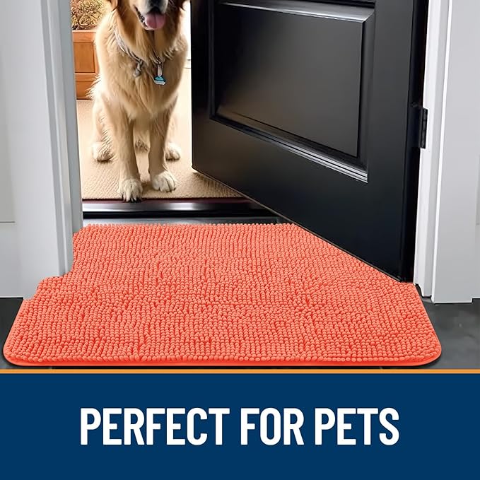 OLANLY Dog Door Mat for Muddy Paws 36x24, Absorbs Moisture and Dirt, Absorbent Non-Slip Washable Mat, Quick Dry Chenille, Mud Mat for Dogs, Entry Indoor Door Mat for Inside Floor, Coral