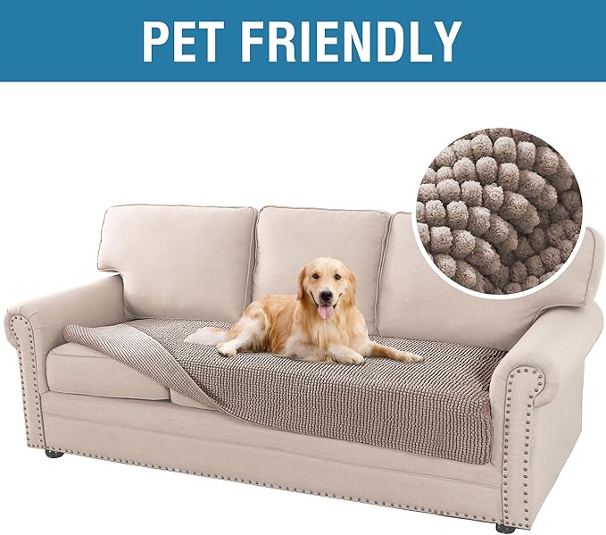 H.VERSAILTEX Plush Chenille Dog Bed Cover Thick Soft Sofa Cover for 3 Cushion Couch Anti Slip Couch Cover Furniture Protector for Dog, Pet, Cat (35" x 82", Sand)