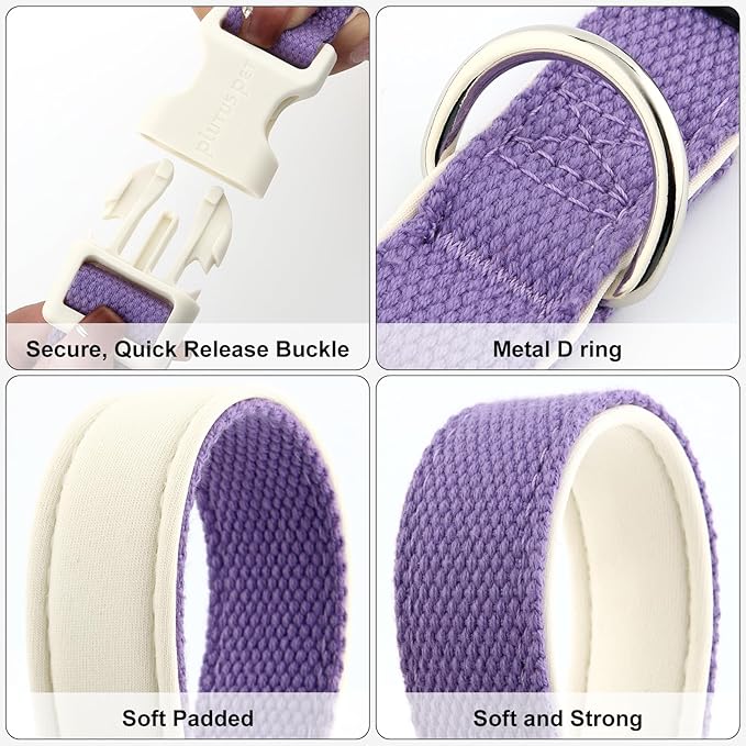 Plutus Pet Cotton Dog Collar, Heavy Duty Collar with Soft Padding, Adjustable and Comfortable for Small Medium and Large Dogs, Purple, L
