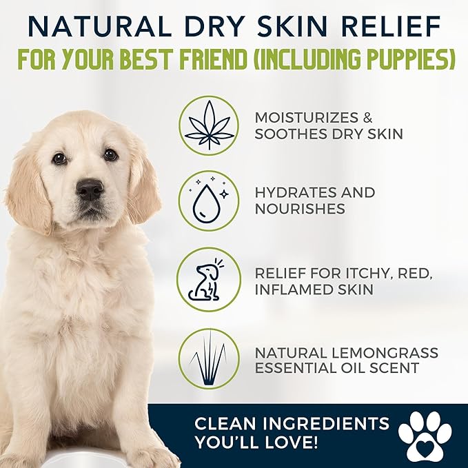 Organic Dog Shampoo, Dry, Itchy Skin and Coat Relief, Coconut Oil, Lemongrass Hemp Dog Shampoo, Puppy Shampoo 16 oz