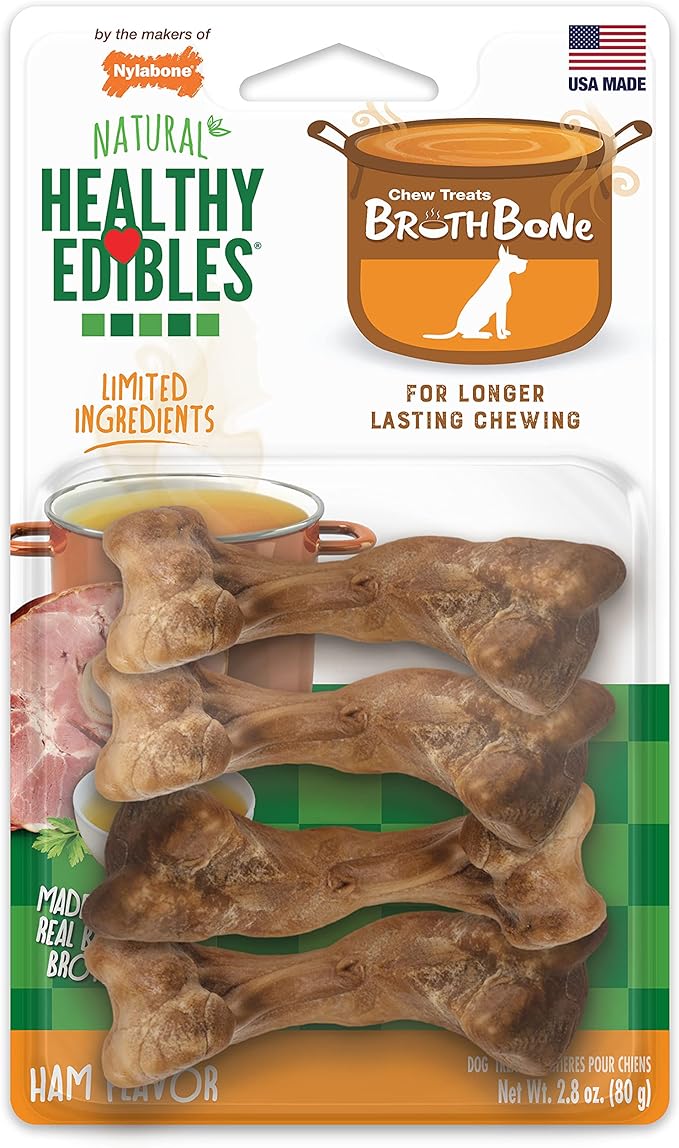 Nylabone Healthy Edibles Broth Bone Natural Dog Chews Long Lasting Treats Ham Flavor Small/Regular - Up to 25 Ibs. (4 Count)