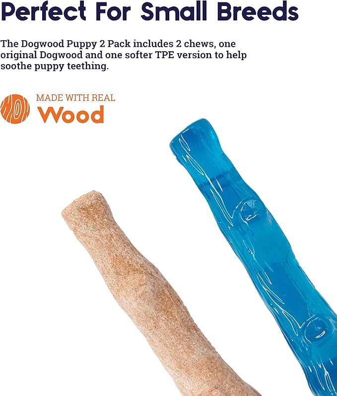 Petstages Dogwood Puppy Durable Dog Chew Toys, Real Wood & Teething Bone, 2-Pack, Small