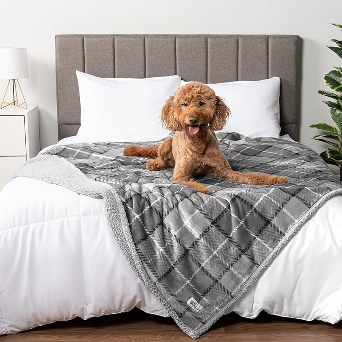 PetAmi WATERPROOF Dog Blanket for Bed, XL Dog Pet Blanket Couch Cover Protection, Sherpa Fleece Leakproof Bed Blanket for Crate Kennel Sofa Furniture Protector, Reversible Soft 80x60 Plaid Light Gray