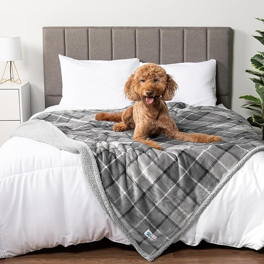 PetAmi WATERPROOF Dog Blanket for Bed, XL Dog Pet Blanket Couch Cover Protection, Sherpa Fleece Leakproof Bed Blanket for Crate Kennel Sofa Furniture Protector, Reversible Soft 80x60 Plaid Light Gray