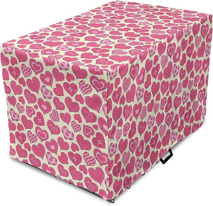 Lunarable Hearts Dog Crate Cover, Valentines Day Inspired Heart Designs with Various Styles Curved Lines Flowers Bows, Easy to Use Pet Kennel Cover for Cats & Medium Dogs, 24 Inch, Cream Pink