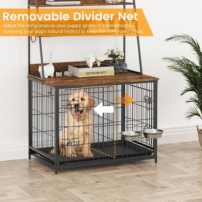 Dog Crate Furniture, 57 Inch Dog Kennel Furniture with Storage Shelves and Removable Tray, Indoor Dog House with 2 Doors and 2 Adjustable Bowls, Brown