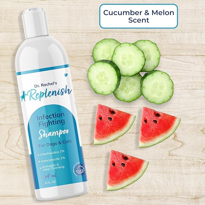 Replenish Anti Itch Dog Shampoo with Ketoconazole and Chlorhexidine for Dog Skin Irritation Treatment & Itchy Skin Relief - Dr. Rachel’s Veterinary Formula Dog Shampoo with Cucumber Melon Scent - 8 oz