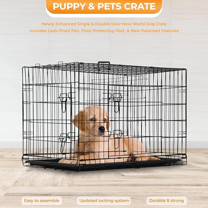 PayLessHere Large Dog Crate Kennel for Medium Large Dogs 24 inches Metal Dog Cage Double-Door Folding Travel Indoor Outdoor Puppy Playpen with Divider and Handle Plastic Tray,Black