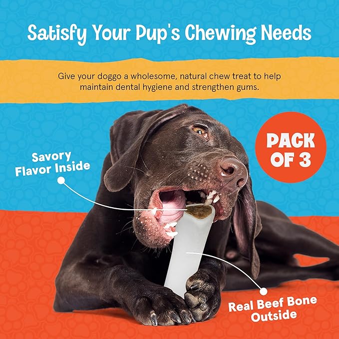 Bully Stick Stuffed Dog Bones - 5-6 Inch Long Dog Treats - Natural Stuffed Dental Dog Bone Treats for Dogs - 3 Pack