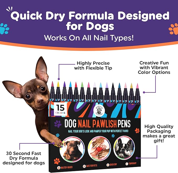 Dog Nail Polish Pens Quick Dry 15 Colors - Pet Nail Polish for Dogs or Cats, Easy Application Dog Safe Nail Polish, Fast Dry Dog Polish - Great Girl Dog Accessories, or a Puppy Nail Pawlish Set