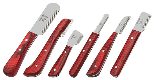Brutul Bee Dog Grooming Coat Stripping Knife Stripper Trimmer Tool Wooded Handle Stripping Knives Set of 6 in Stainless Steel Non-Slip Tools for Grooming Dogs (Red)