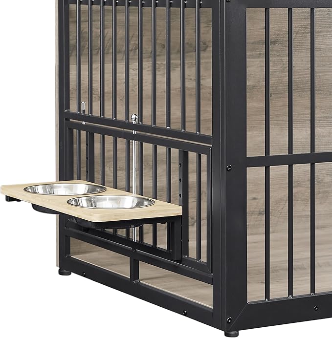 Dog Crate Furniture, 48 Inch Dog Kennel Furniture, Wooden 𝐃og Crate Furniture Large Breed with Rotating 𝘋og Bowls, Heavy Duty 𝗗og Cage Furniture Indoor,Decorative Dogs Crates End Table,Gray