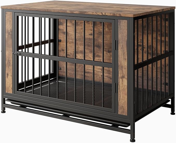 Ball & Cast 38.9" Wooden Dog Kennel with 2 Sliding Doors,Decorative Pet Crate Furniture with Pull-Out Tray,Thick Iron Frame Indoor Dog Cage for Small Dogs,Easy Assembly,Rustic Brown