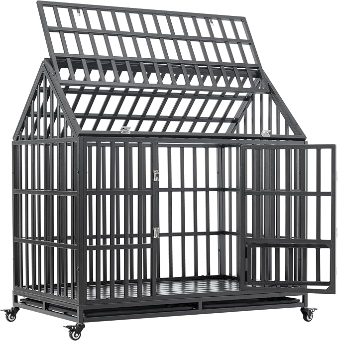Goohome 47.24 Inch Heavy Duty Dog Crate Cage Kennel with Wheels, High Anxiety Indestructible, Sturdy Locks Design, Extra Large Crate Indoor for Large Dog with Roof & Window on Roof