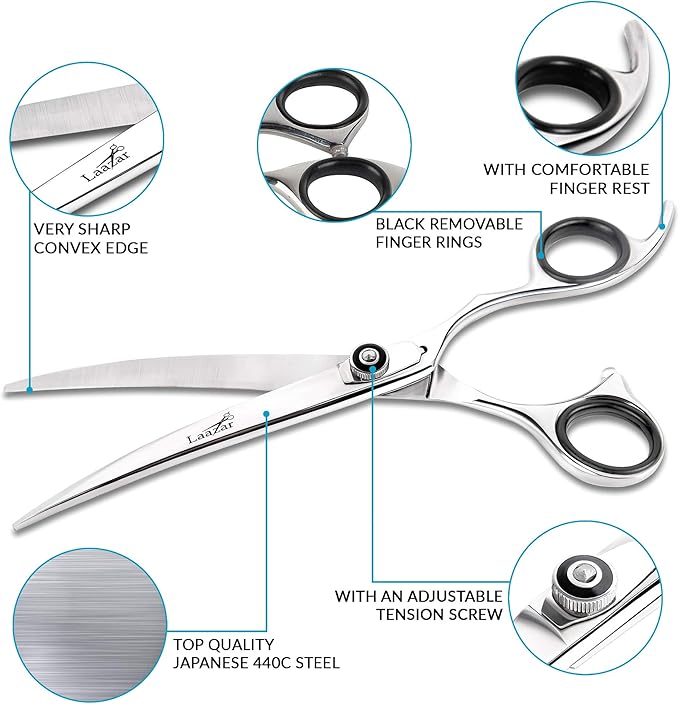 Laazar Professional 7.5 inch Curved Shears for Dogs and Cats | Tension Adjustable Pet Grooming Scissors | 440C Japanese Stainless Steel | Groomers Tool for Men and Woman Leather case Included