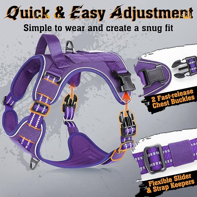 rabbitgoo Dog Harness Medium Sized No Pull, Tactical Service Dog Vest with Molle and Control Handle, Adjustable and Reflective Military Pet Harness for Easy Walking and Training, Purple, M