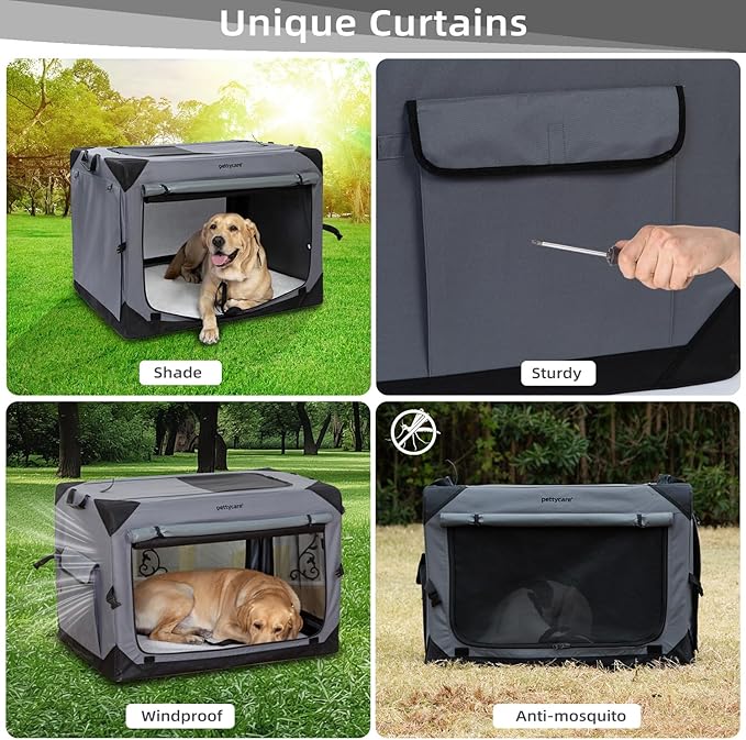 Pettycare 36 Inch Collapsible Dog Crate with Curtains Travel Dog Crate for Airflow and Calm Soft Pet Kennel with Portable Bag and More Chew Proof Mesh Indoor & Outdoor Grey 4 Door Curtains
