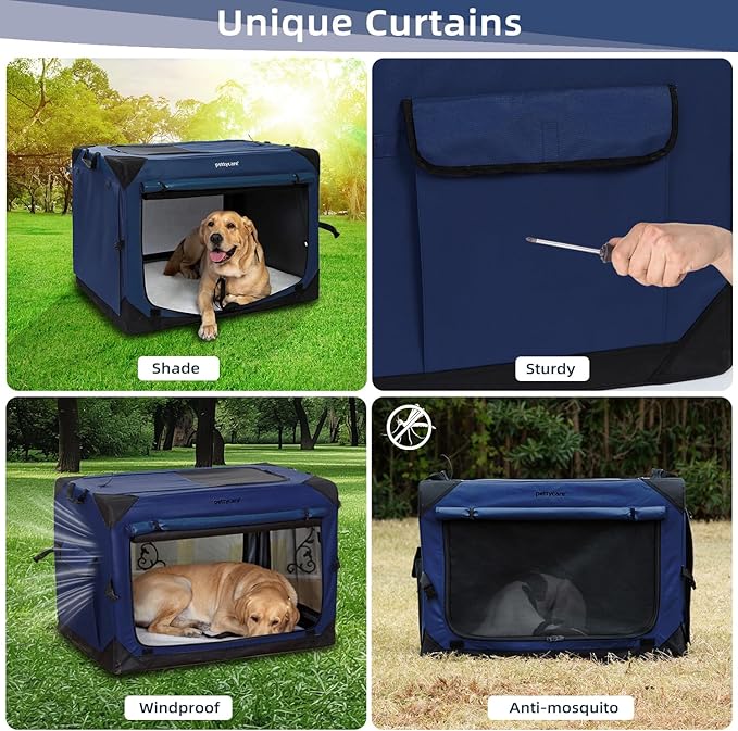 Pettycare 30 Inch Collapsible Dog Crate with Curtains Travel Dog Crate for Airflow and Calm Soft Pet Kennel with Portable Bag and More Chew Proof Mesh Indoor & Outdoor Navy Blue 4 Door Curtains