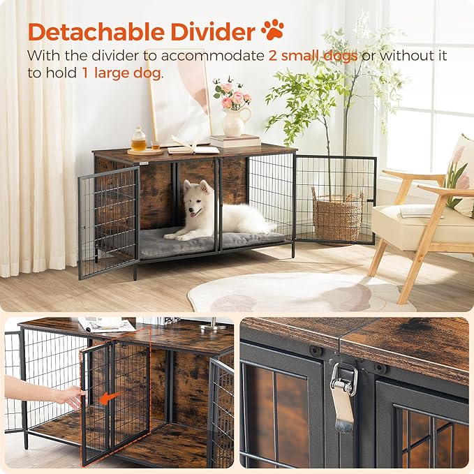 Dog Crate Furniture for 2 Dogs, 43.3" Dog Kennel with Removable Divider, Heavy Sturdy Dog Furniture Style Double Cage for Small Medium Dog, Indoor Pet House End Table, Rustic Brown DCHR1201