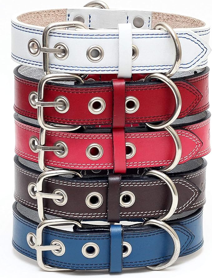 Genuine Leather Dog Collars with Stainless Steel Buckle and Double D Rings – (12"-15", Tan)