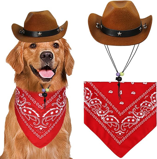Dog Halloween Costumes, Dog Cowboy Costume Halloween Pet Cowboy Hat Bandana Scarf for Small Medium Large Dogs Pets (Brown Hat & Red Bandana, Large)