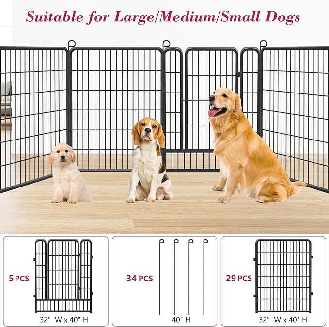 Dog Playpen, 40 inch Height 34 Panels Heavy Duty Dog Fence Pet Playpen with Door, Anti-Rust Dog Exercise Pen with Lock, Portable Pet Fence Outdoor for Yard RV Camping