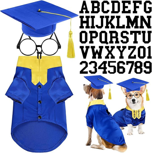 5 Pcs Dog Graduation Costume Set Include 2025 Pet Graduation Gown with Stole Puppy Grad Cap Lensless Glasses DIY Letter Stickers for Dogs Cats Holiday Costume Accessory(Blue Yellow,L)