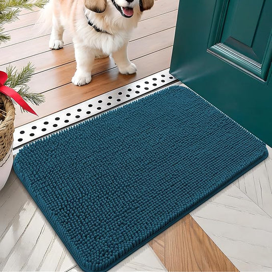 OLANLY Dog Door Mat for Muddy Paws 24x16, Absorbs Moisture and Dirt, Absorbent Non-Slip Washable Mat, Quick Dry Chenille, Mud Mat for Dogs, Entry Indoor Door Mat for Inside Floor, Atlantic Blue