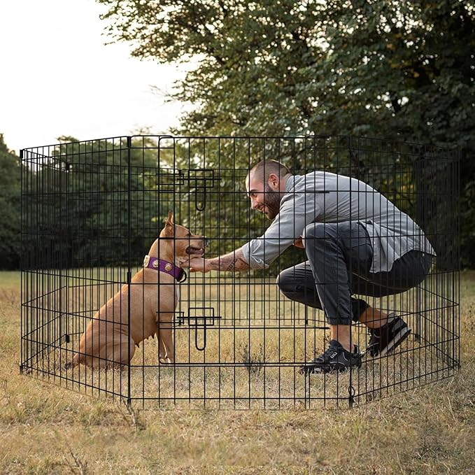Pet Playpen Dog Pen Foldable Dog Exercise Fence 8 Panels 30 Inch Kennels Pet Playpen Options Ideal for Pet Medium Animals Outdoor Indoor (Playpen with Top Cover)