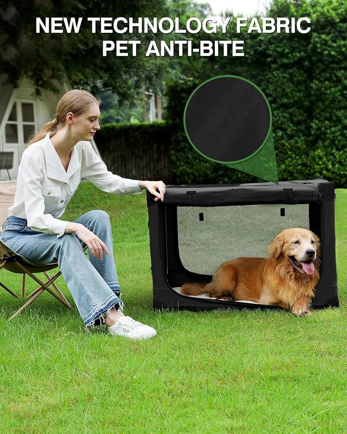 30-Inch Collapsible Travel Dog Crate, Portable 4-Door Soft Kennel for Medium to Large Dogs, Chew-Proof Mesh Windows, Indoor/Outdoor Use, Foldable, with Storage Bag (Black)