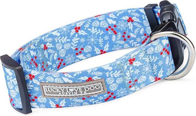 Lucky Love Dog Wide Dog Collar - Adjustable, Durable, Soft Webbing, & Comfortable 1.5 inch Wide Collar for Dogs Male and Female - in Winter Blue Pattern with Strong Buckle, X-Large Size