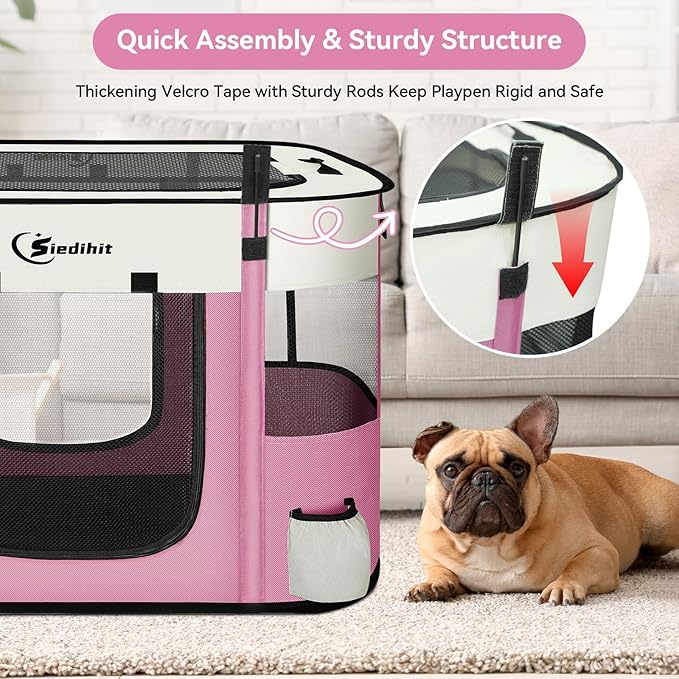 Dog Cat Playpen28/31/35in, Pet Puppy Portable Playpens for Outdoor Travel Crate, Indoor After Surgery Use, Foldable Dog Kennel Tent for Rabbit or Small Animals and Tent Stakes(Pink, Medium)