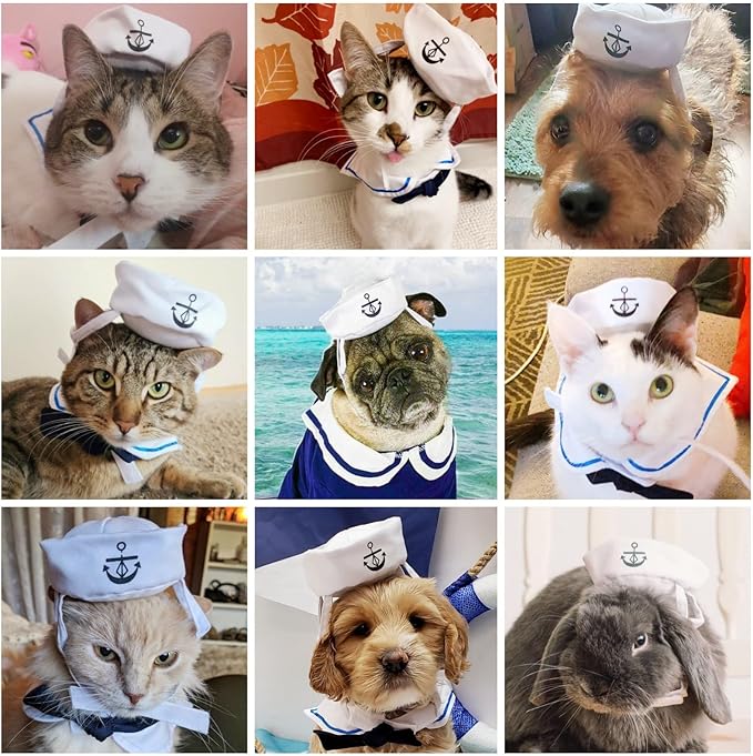 NAMSAN Pet Sailor Costume for Cats Small Dogs Halloween Cat Sailor Hat with Tie Collar Doggy Navy Outfit Cosplay Apparel