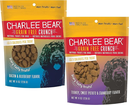 Charlee Bear Dogs Training Treat, Crunchy, Low Calorie, Grain Free Dog Treats, Made in USA, Best for Small and Medium Breeds, Bacon Blueberry & Turkey Sweet Potato Cranberry 2 Pack 8oz Each