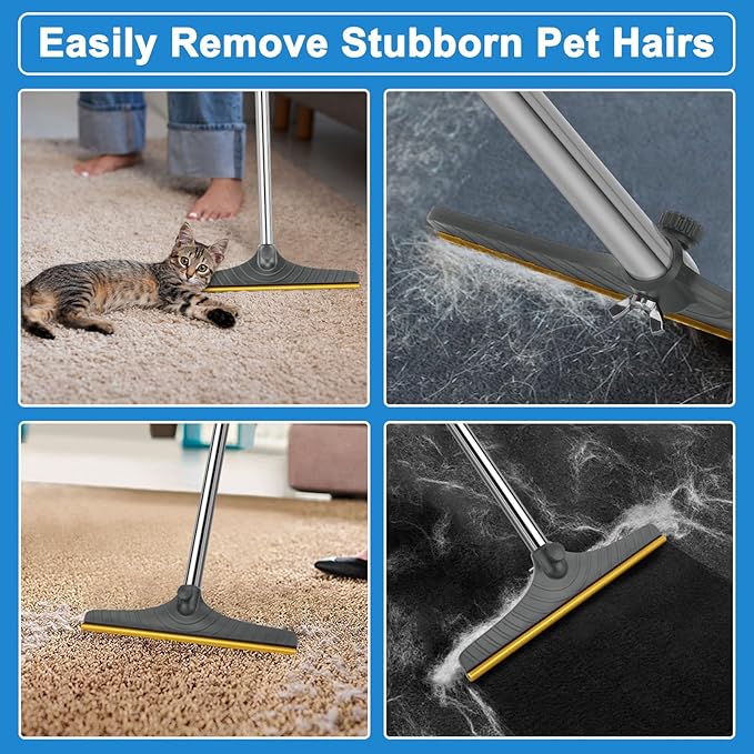 5FT Carpet Rake Pet Hair Remover, Reusable Carpet Rake with Telescopic Handle for Pet Hair Removal Tool Dog Cat Fur Remover Broom for Rugs, Mats, Beds, Stairs (Gray)