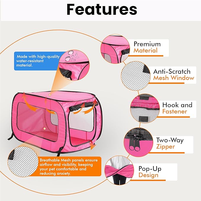 Beatrice Home Fashions Portable, Collapsible, Pop Up Kennel Travel Cat and Dog Crate, 40" L x 27" W x 27" H, Fuchsia